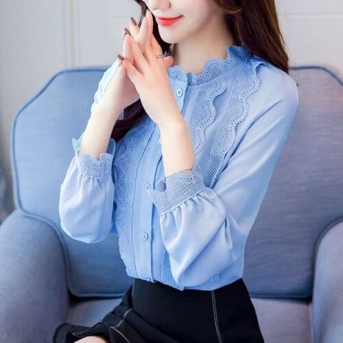 Spring Autumn Style Women Long Sleeve Blouses Shirts Lady Casual Stand Collar Blue White Lace Decor Blusas Tops DD2376