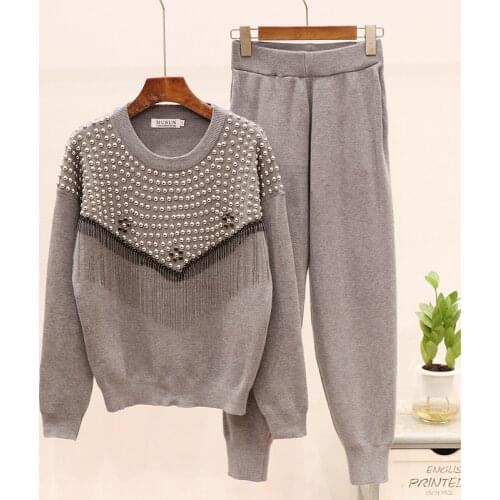 2020 Autumn Winter Fashion Ladies Tracksuits Knitted Set Rivet Tassel Long sleeve Knit Sweater + Long Pencil Pants 2pc Women Set