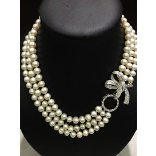 Triangle Natural Fresh Water Pearl Neckless Multilayer Classical Women Jewelry with Bownot clasp Free shipping Real Pearl