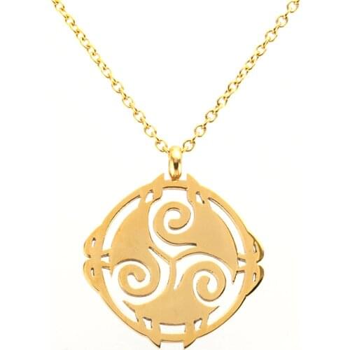Women Necklace Gold color triskel necklace inspired Triskele keltic Knot charms round Pendant stainless steel Necklace