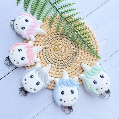 10pcs Unicorn Silicone Pacifier Clips BPA Free Cartoon Animal Teether Beads Pacifier Clip Baby Pacifier Chain Accessories