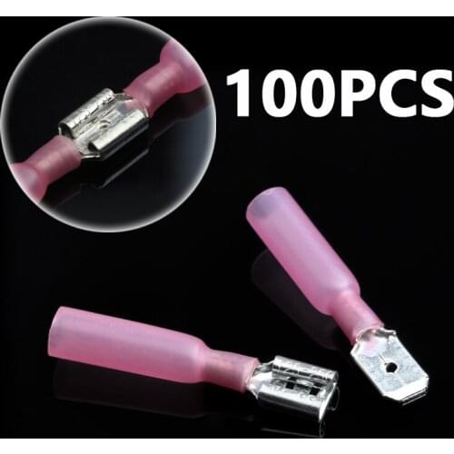 100PCS/50Pairs Red Heat Shrink Connectors Spade Male/Female Insulated Electrical Wire Butt Crimp Terminals 22-18 AWG 0.5-1.5mm2