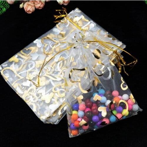 100pcs/lot White Organza Bag 15x20cm Heart Design Jewelry Pouches Cute Wedding Candy Jewelry Packaging Bag Drawstring Gift Bags