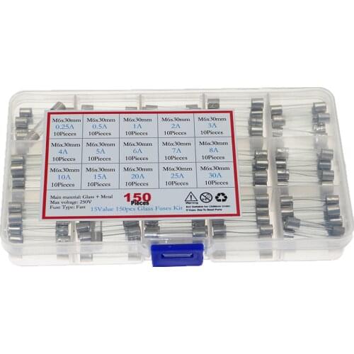 150Pcs/Box 6x30mm Fast-blow Glass Fuse Assorted Kit 0.25A 0.5A 1A 2A 3A 4A 5A 6A 7A 8A 10A 15A 20A 25A 30A