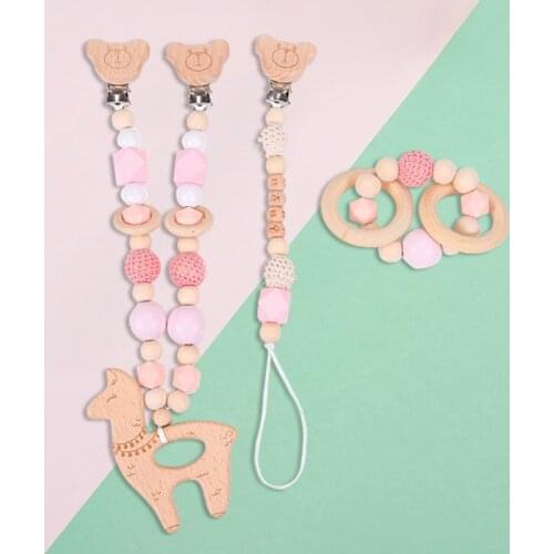 3 Pcs/Set Baby Pram Pendant Rattle Pacifier Chain Clip Bracelet Infants Shower Gifts Wooden Teether Nursing Chewing Toys