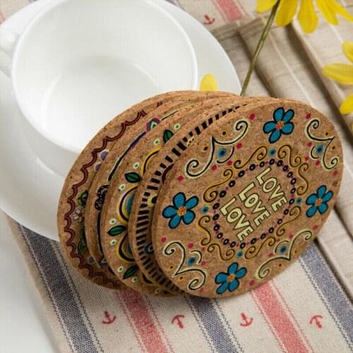 4 Pcs Natural Cork Moisture Resistant Round Cup Coasters Drink Coasters Heat Insulation Patterned Pot Holder Mats for Table