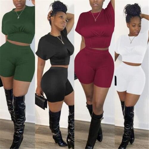 Seamless Women Summer Set Solid Streetwear Clothes Short Sleeve Crop Top Shorts Elastic Tight Training Suit Running Sportswear