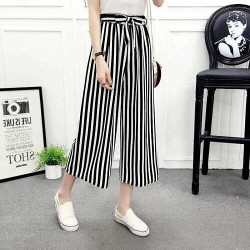 2021 Popular Summer Wide Leg Pants Women High Waist Plaid Striped Loose Palazzo Pants Elegant Office Ladies Trousers