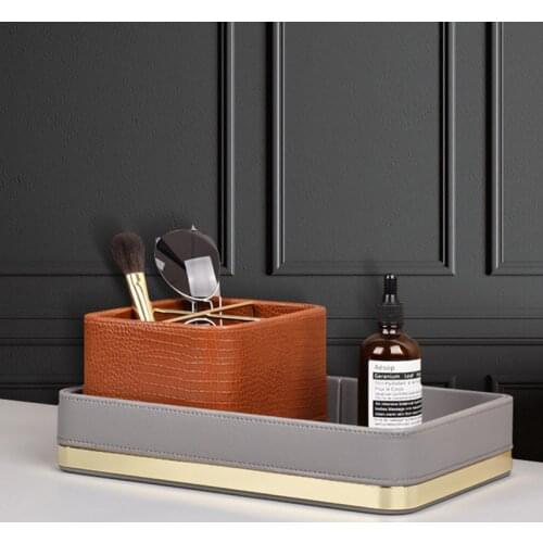 Leather Cosmetic Brush Pen Storage Box Remote Key Golden Storage Tray Debris Finishing Living Room Leather Tissue Box Home Decor