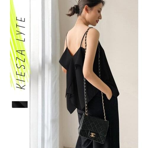 Summer 2021 French Strap Black Top Sexy Irregular Flounces Sleeveless Spaghetti Strap Solid Crop Top Shirt Camisole
