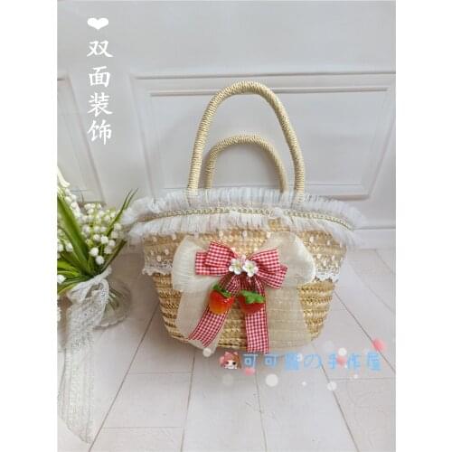 Lolita Strawberry Bow Rattan Box Woven Basket Wheat Straw Handbag Soft Girl Kawaii Cosplay Picnic Photo Outdoor Bag Props