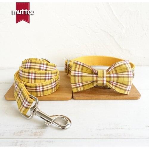 MUTTCO retailing handmade plaid vara bow pet collar THE LEMON PLAID dog collar and leash set with bow tie 5 sizes UDC057