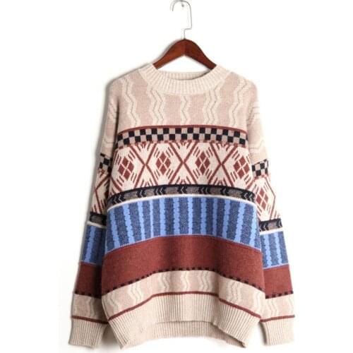 Autumn Winter Womens Sweater Nordic Style Round Neck Retro Jacquard Pullover Sweater New Loose Casual Knitted Sweaters
