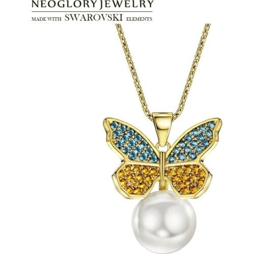 Neoglory Zircon & Simulated Pearl Long Charm Necklace Colorful Butterfly Stylish Gold Color For Holiday Classic Gift