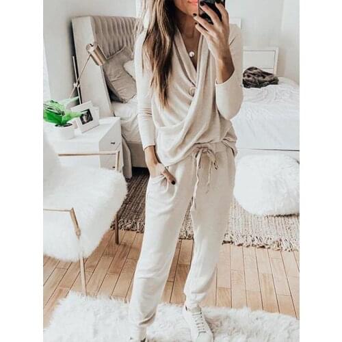 Women Pajamas V Neck Long Sleeve Lace Up Pants Solid Lounge Wear Casual Outfits Homewear 2pcs Set Plus Size Sleepwear