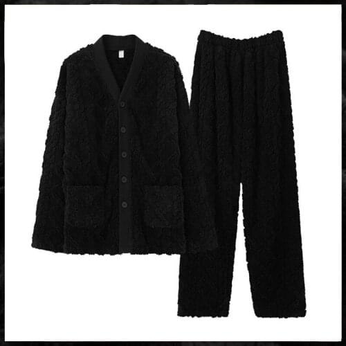 Winter New Mens Loose 2PCS Pajamas Suit Black Coral Velvet Cardigan&Pant Sleepwear Casual Thicken Plush Homewear Warm Nightwear