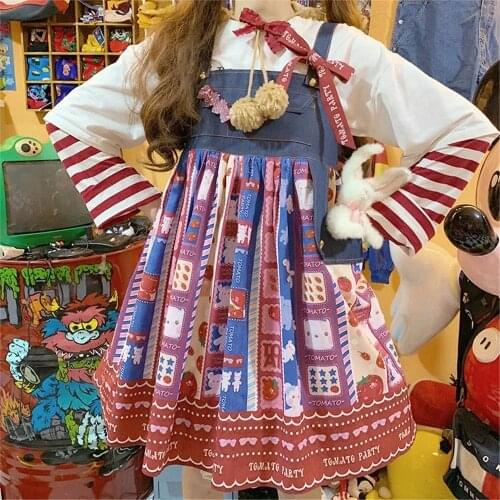 Kawaii Lolita Party Fairy Suspender Dress Sleeveless Cute Sweet Clothing Denim Splicing Print Bow Lace Preppy Style Vestidos