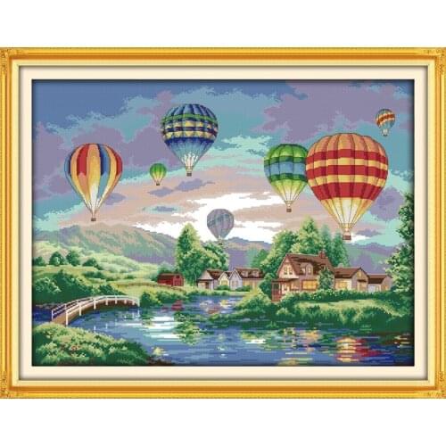 Needlework,DIY DMC Cross stitch,Set For Embroidery kit,Scenic,cottage,bridge,Hot Air Balloon,Pattern Counted Cross-Stitch Kit