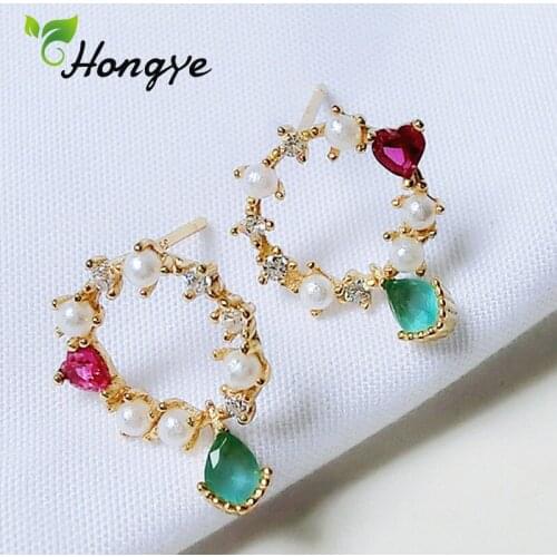 Sweet Girls Green Zircon Stud Earrings Mini Circle Natural Pearl Ear Nails Fashion Jewelry Romantic Created Wedding Brincos