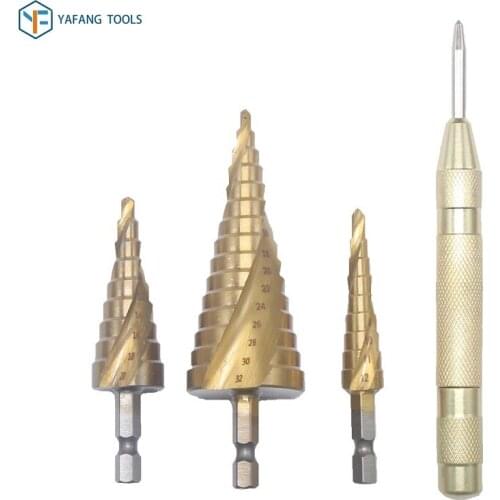 4pcs/set 4-12mm 4-20mm 4-32mm HSS Spiral Groove Step Drill Bit with Center Punch Titanium Coated Hole Cutter Power Tools