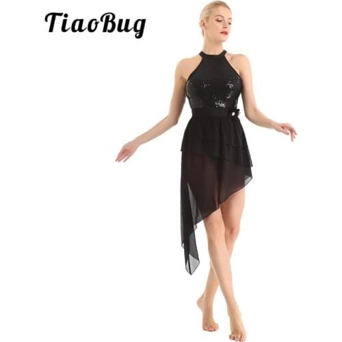 TiaoBug Adult Sequins Halter Asymmetrical Chiffon Gymnastics Ballet Leotard Dress Women Figure Skating Lyrical Dance Costumes