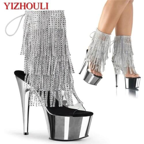 Party runway shoes, 7in beaded boots, 17cm electroplated stiletto heels, sexy molded pole dancing shoes