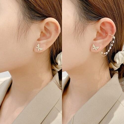 Women Earrings Butterfly Asymmetrical Chain Rhinestone Unusual Korean Fashion Minimalist Jewelry Gold Clip-on Pearls earrings