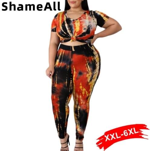 Plus Size Sport Fitness Tie Dye 2 Two Piece Set Outfits 4XL Short leeve Crop Tops Tshirt Fittness Leggings Set Bodycon Tracksuit