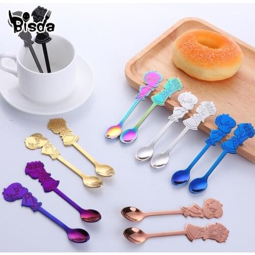 2 Pcs Coffee spoon Romantic Couple Spoons Colorful Tea Spoon Cutlery Silver Small Spoon Gold Cake Dessert Scoop for Party I & U