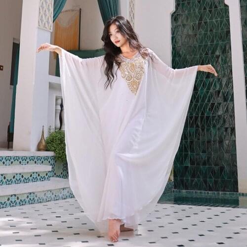 White Women Dance Wear Belly Dance Clothes Kaftan Dress with Gold Sequins Chiffon Traditional Khaleeji Thobe Dresses