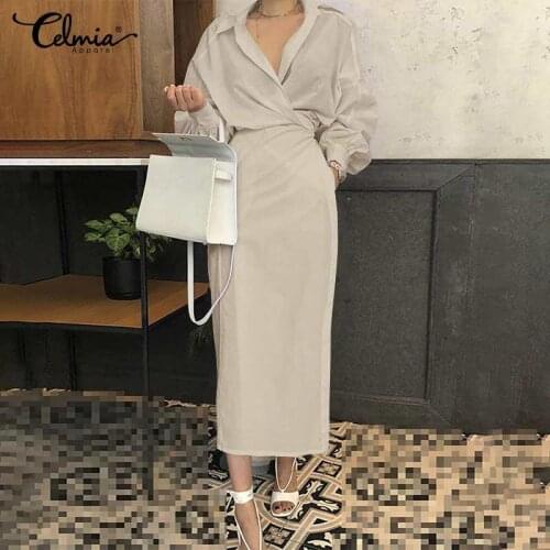 Celmia 2021 Fashion Shirt Dress Women Elegant Lapel Long Sleeve Work Dresses Casual Pleated Solid Party Midi Vestidos Robe Belt