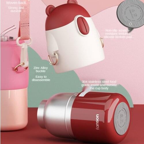 Kids Stainless Steel Thermos With Straw Cartoon Kawaii Cute Bear Cub Leak-Proof Vacuum Children Thermal Water Bottle With Cover