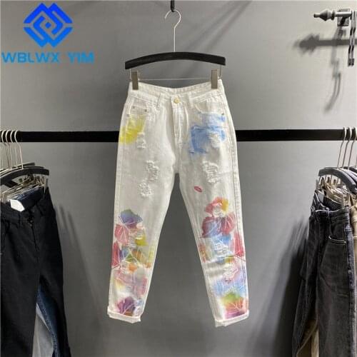 Jeans for Women High Waist Jeans Loose Casual Denim Pants Female Fashion Painted Graffiti Hole Straight Jeans Spring Autumn