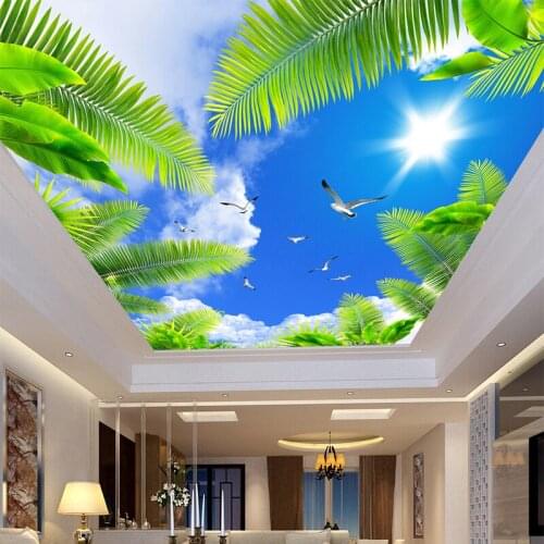 Custom Ceiling Wall Cloth Blue Sky Sunshine Palm Seabird Photo Wallpaper Living Room Theme Hotel Nature Mural Wall Covering Roll