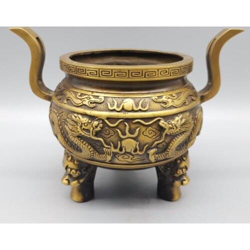 China brass archaize double dragon Incense burner crafts statue