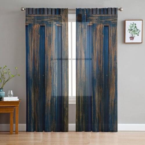 Indoor Tulle Curtains Retro Wood Grain Door Girls Bedroom Exquisite Voile Curtain Living Room Kitchen Chiffon Fabric Curtains