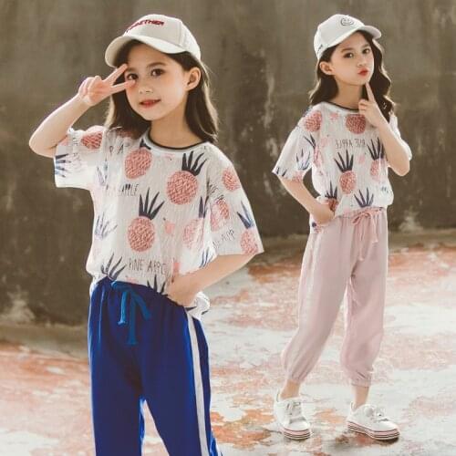 Girls Clothes Set Pineapple T-shirt Tees + Casual pants 2PCS Kids Summer Clothing Fashion Girls Costume 6 8 10 12 11 13 14 Years