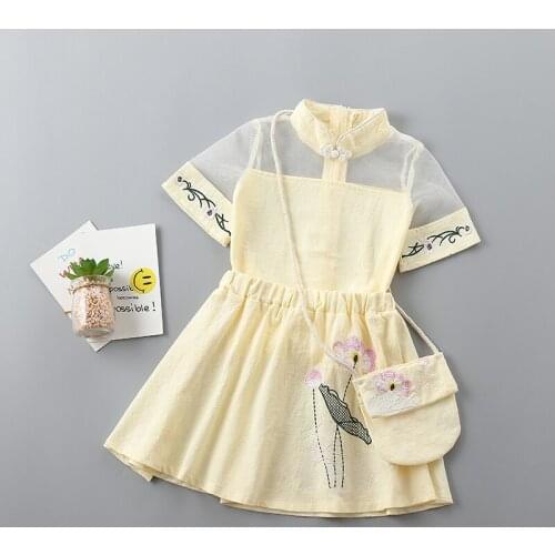 Girl embroidery flower clothing set Summer children T-shirt+skirt sets baby girls birthday suit with bag for 2-7T kids Clothes