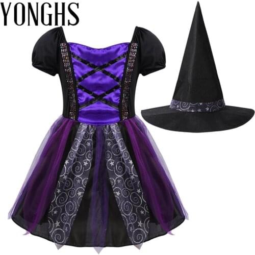 Kids Girls Witch Cosplay Costume Halloween Outfit Shiny Gilttering Stars Square Neck Tutu Mesh Dress with Pointed Hat Set