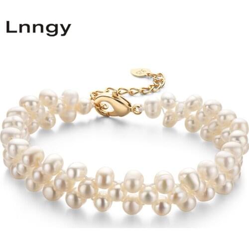 Lnngy 14K Gold Filled 4-5mm Natural Cultured Freshwater Pearl Double Strand Bracelet Women Jewelry Gifts