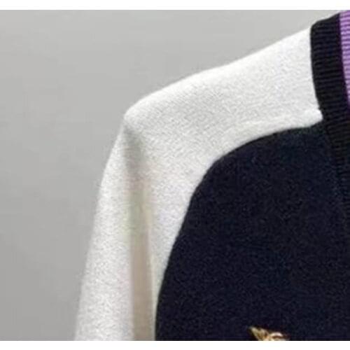 New Color Blocking Unicorn Embroidery Womens Cardigan Simple V Neck Knitted Sweater