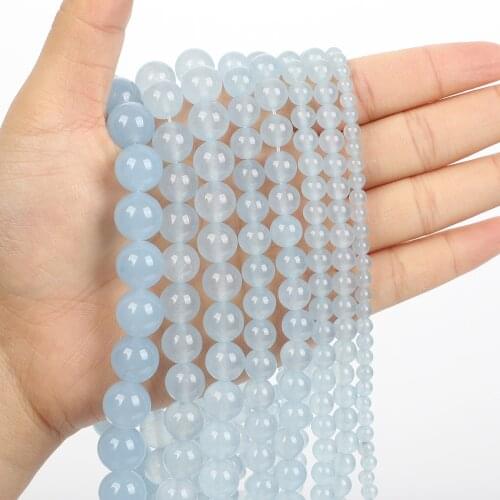 Natural Stone Light Aquamarine Chalcedony Charm Round Loose Beads for Jewelry Making Needlework DIY Bracelet Strand 4-12 MM