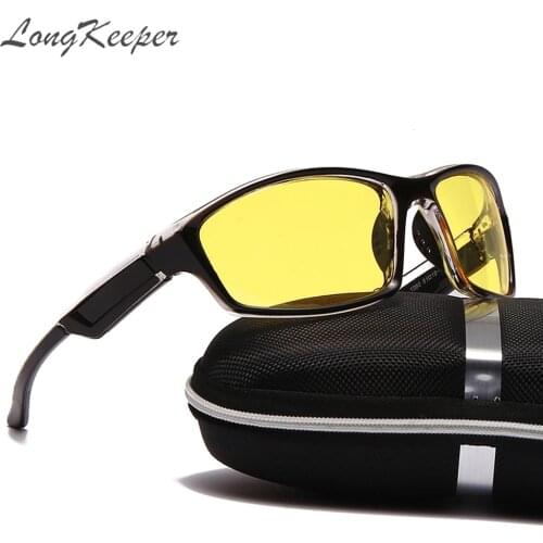 LongKeeper Night Vision Glasses Mens Sunglasses Fashion Anti-Glare Car Driver Goggle With Zipper Box Oculos De Sol Masculino