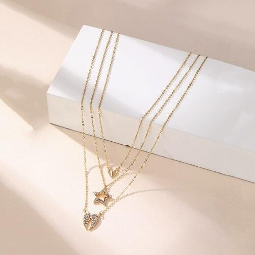 New Multi Layer Pendants Necklaces for Women Chain Star Wings Heart Gold Alloy Metal Rhinestone Necklace Fashion Jewelry Gift