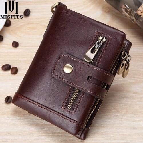 Quenya new 100% cow leather RFID mens wallet with coin pocket genuine leather short wallet small zipper purse with card holder