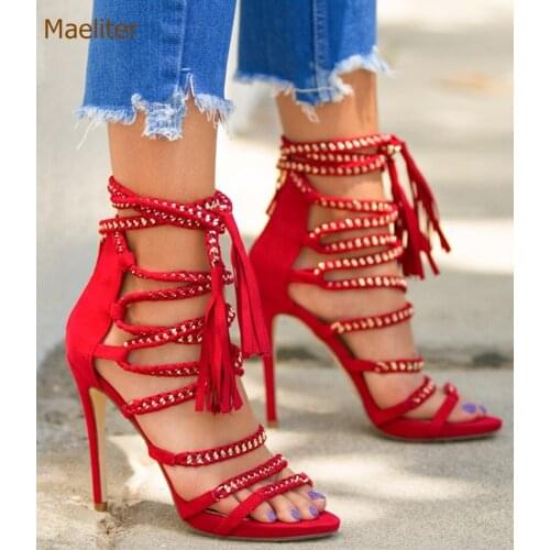 Ladies Trendy Chain Embellished Dress Sandals Tassel Open Toe Gladiator Sandals Red Black Fringe Strappy Party Shoes Dropship