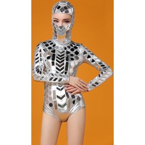 Silver Head Piece Mirrors Bodysuit Costume Stage Dance Wear Outfit Party Women Singer Dancer DJ Bar Performance Sexy Leotard