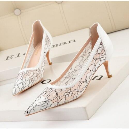 BIGTREE Fashion Women Cloth Sweet High Heels Sexy Lace Wedding Lady Shoes Shallow Mouth Pointed Toe Genuine Leather Bride Pumps
