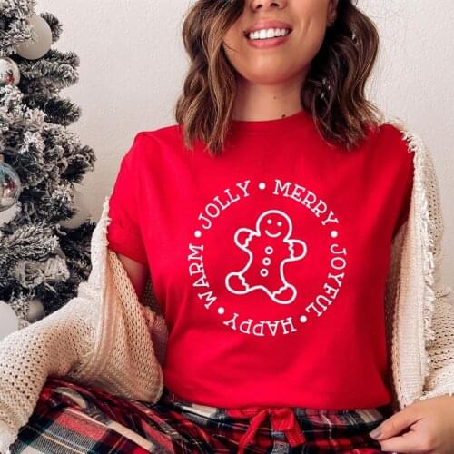 Jolly Merry Joyful Happy Warm T-shirt Cute Winter Christmas Vacation Tshirt Kawaii Women Short Sleeve Graphic Holiday Gift Top