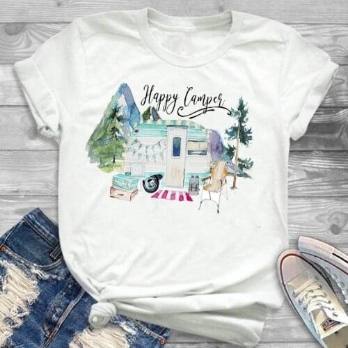 Women Plus Size 4XL Happy Camper Car Mountain Ladies Female Clothing T Clothes T-shirt Graphic Short Sleeve Printed Top Tshirt